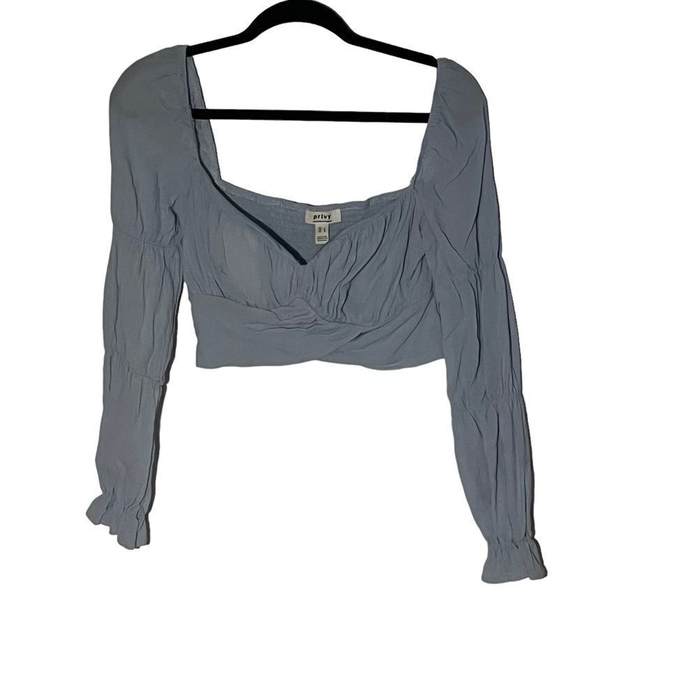 Privy Pastel Blue Long Sleeve Cropped Blouse